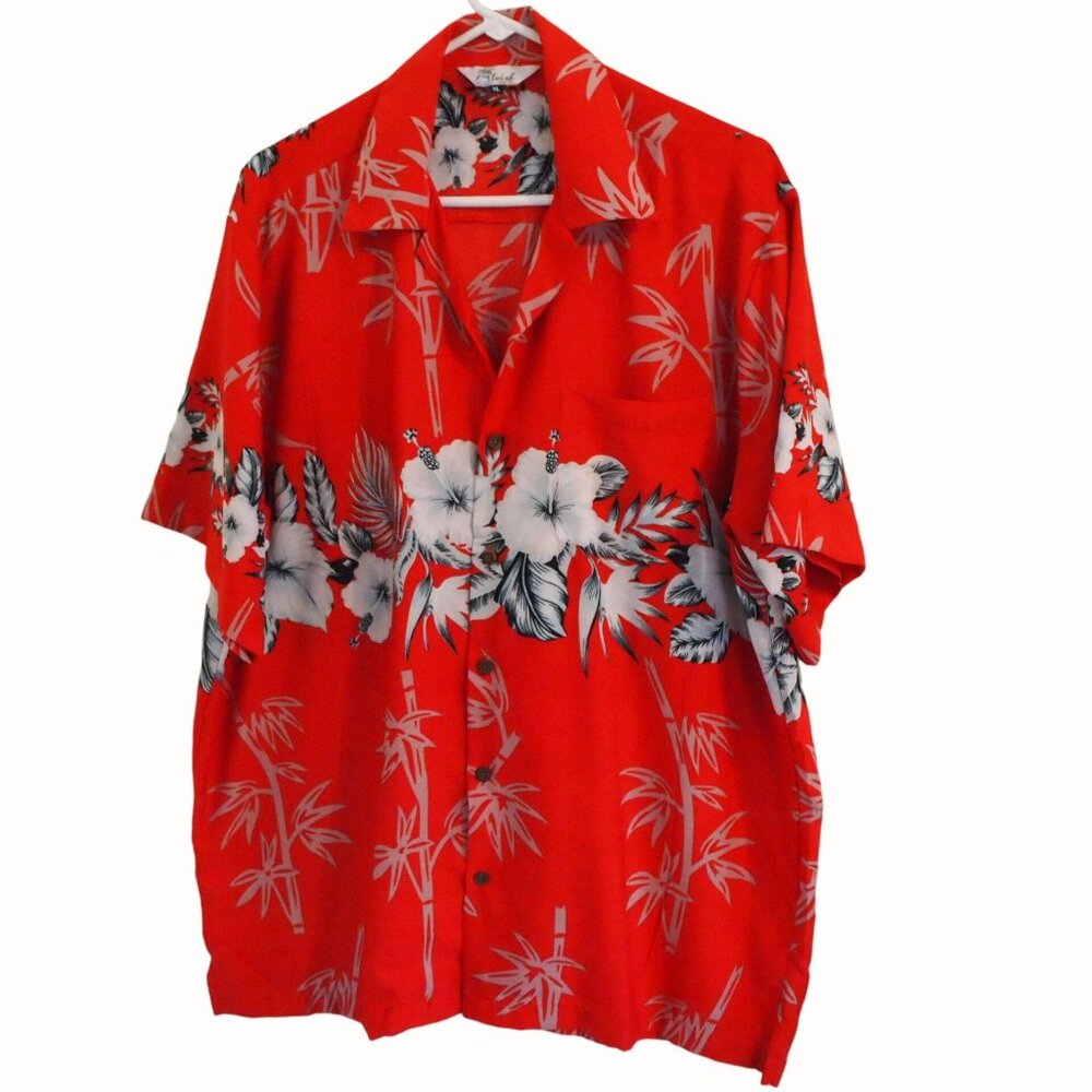 Alvish Men’s Hawaiian Shirt XL Red Floral Bamboo Tropical Button Down